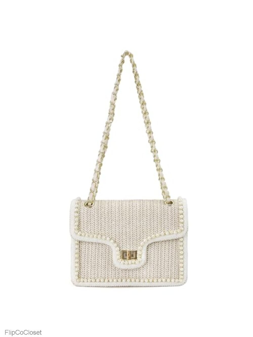 Straw Crossbody Bag for Women Pearl Accent Chain Shoulder Beach Summer Mini